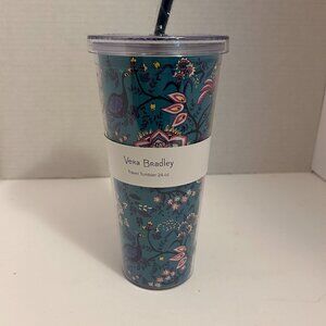 Vera Bradley 24oz Travel Tumbler – Peacock Garden Print, New with Straw